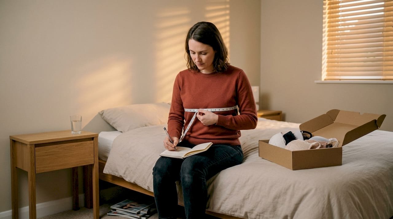 Vrouw neemt haar maten op voor het online bestellen van lingerie