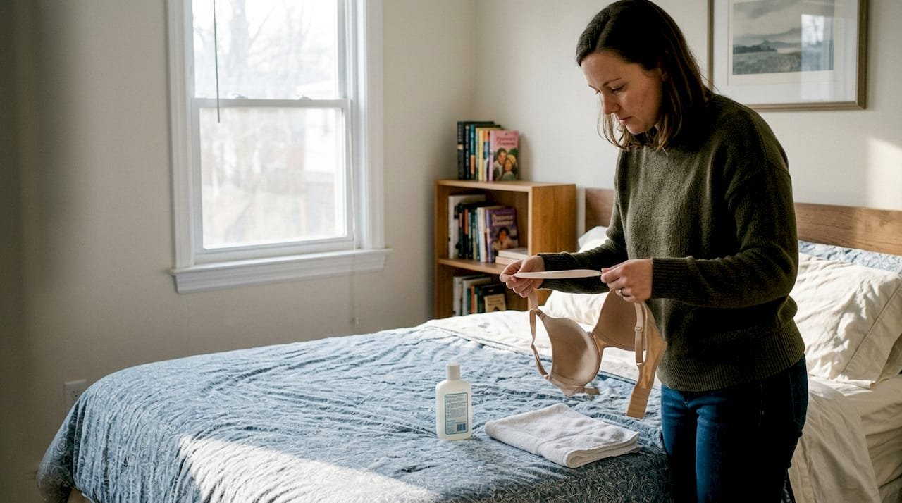Een vrouw controleert of het elastiek van haar bh prettig zit.