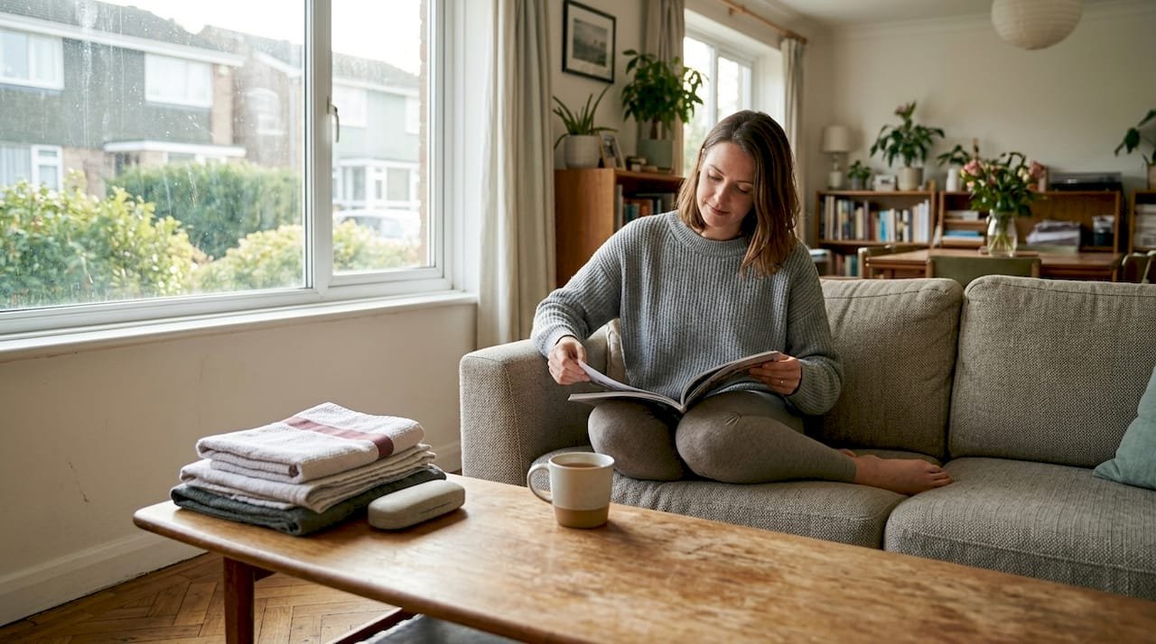 Een vrouw zit thuis op de bank en bladert relaxed door een lingeriecatalogus.