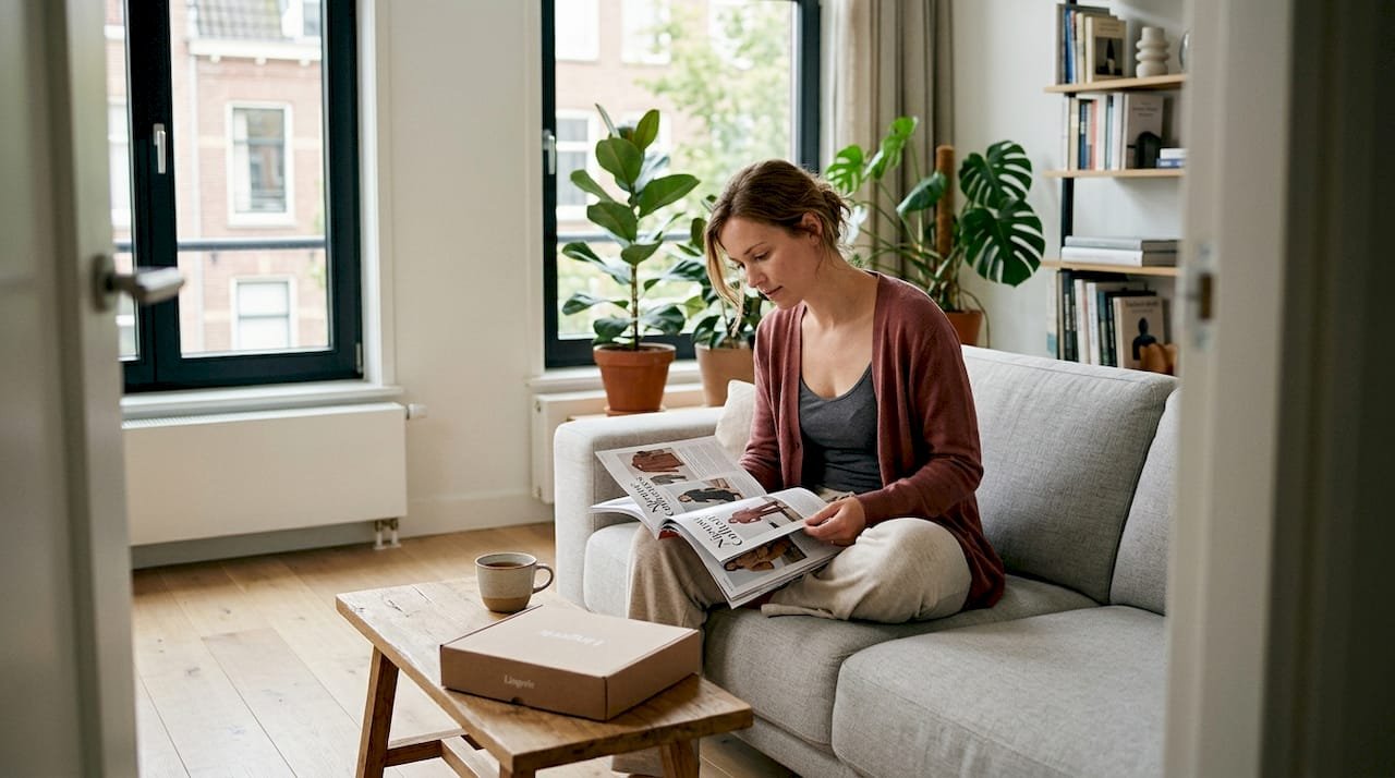Thuis geniet een vrouw van een tijdschrift terwijl ze ontspannen in haar comfortabele lingerie op de bank zit.