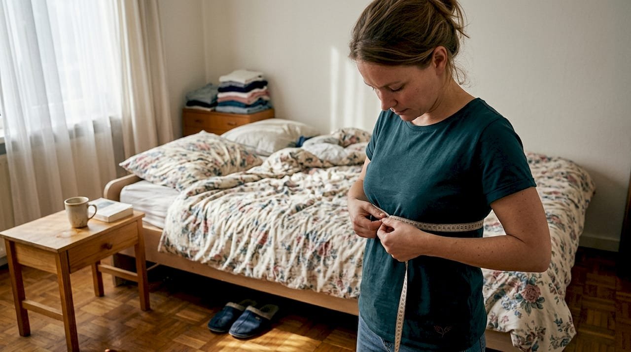 Een vrouw meet haar onderborst op in de slaapkamer terwijl het daglicht naar binnen valt.