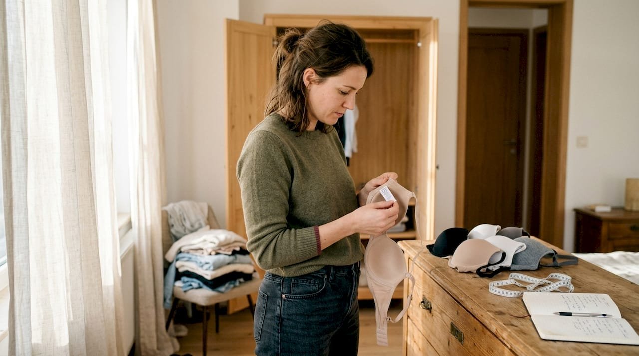 Vrouw checkt beha’s en controleert haar maten bij de kledingkast