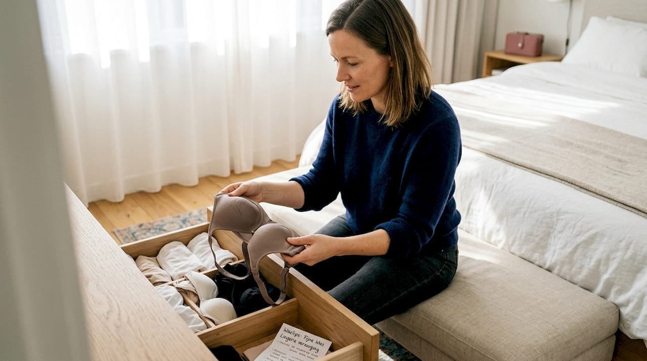 Een vrouw bekijkt aandachtig een minimizer bh in haar slaapkamer.