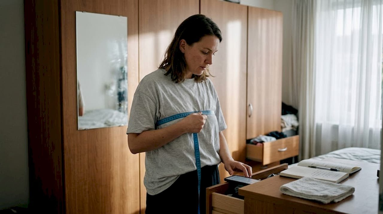 Vrouw bepaalt haar bh-maat door haar borstomvang op te meten in de slaapkamer