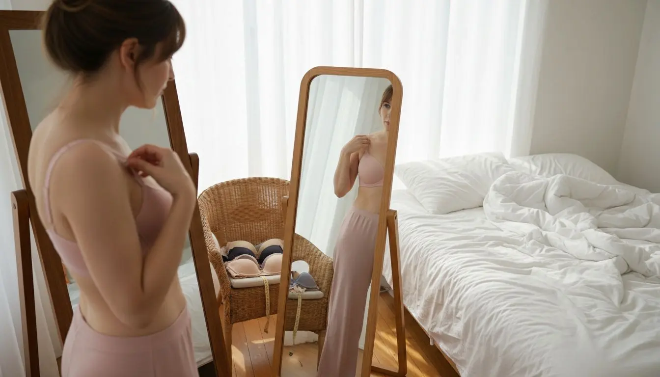 Vrouw past een bh en bekijkt in de spiegel welke soorten bh-pasvormen het beste aansluiten op haar lichaam