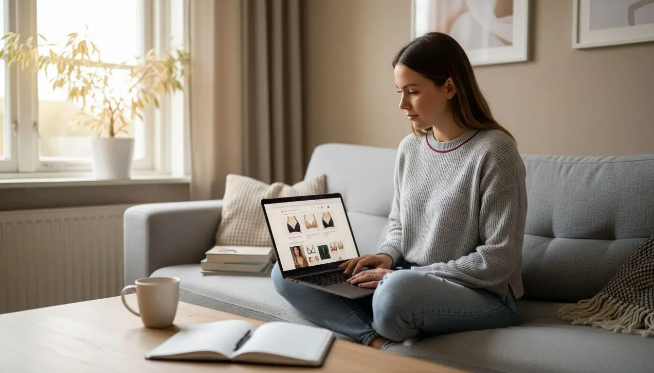 Waarom lingerie online kopen: vrouw vergelijkt bh’s op laptop voor betere pasvorm en comfort thuis