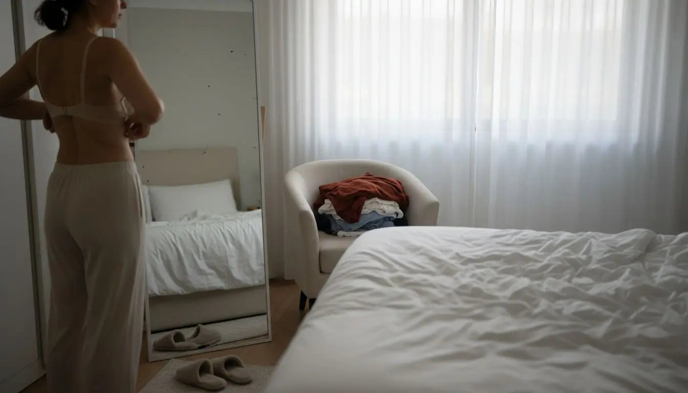 Waarom je een bh moet passen: vrouw past een bh voor de spiegel in de slaapkamer voor de juiste ondersteuning en comfort