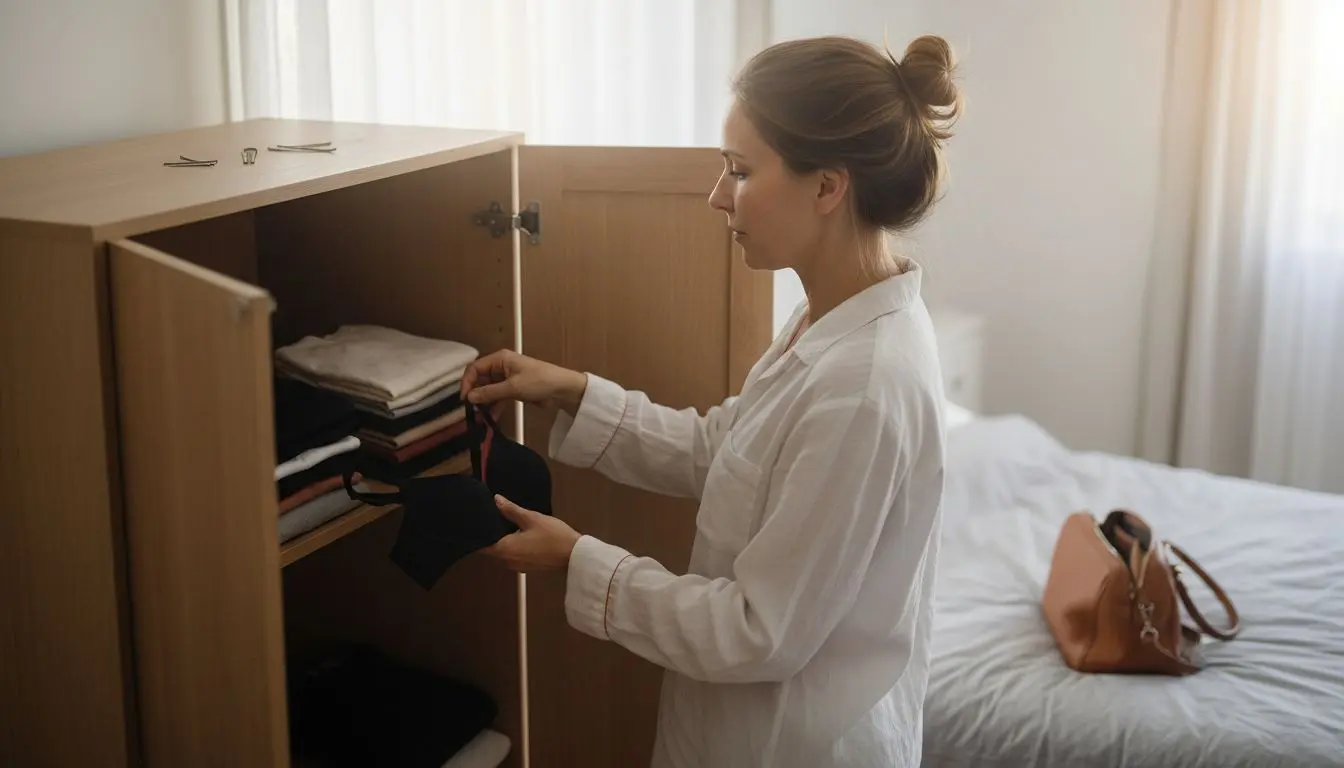 Wat is lingeriebasics: vrouw kiest comfortabele bh uit haar kast tijdens rustige ochtendroutine